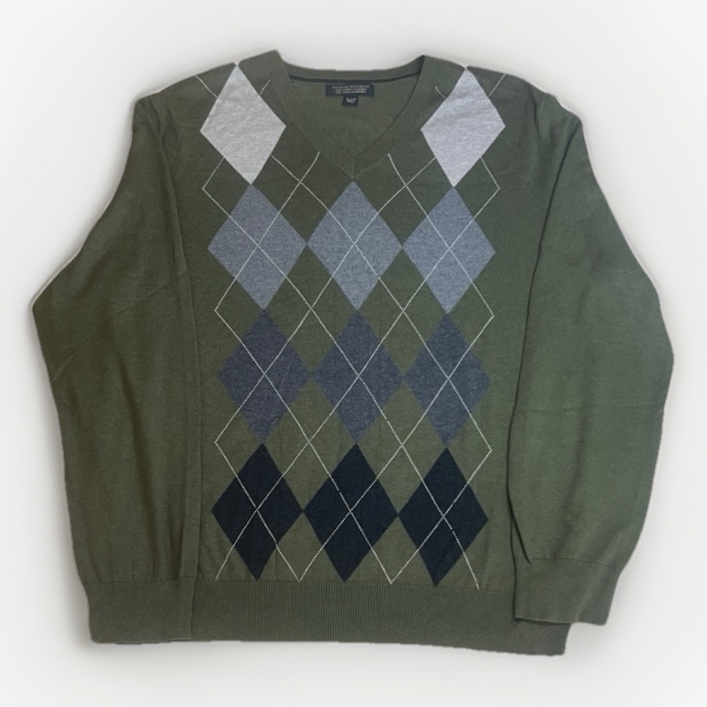 Banana Republic Silk Cashmere Blend Green Argyle V-Neck Sweater sz XL